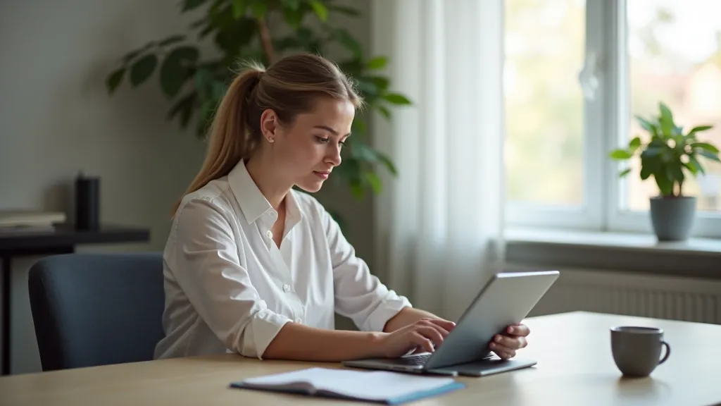 Žena sleduje graf hospodaření v aplikaci na tabletu, moderní interiér, denní světlo